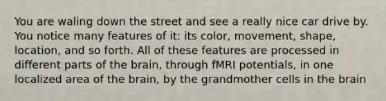 You are waling down the street and see a really nice car drive by. You notice many features of it: its color, movement, shape, location, and so forth. All of these features are processed in different parts of the brain, through fMRI potentials, in one localized area of the brain, by the grandmother cells in the brain