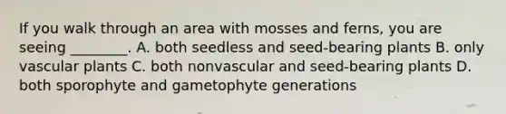 If you walk through an area with mosses and ferns, you are seeing ________. A. both seedless and seed-bearing plants B. only <a href='https://www.questionai.com/knowledge/kbaUXKuBoK-vascular-plants' class='anchor-knowledge'>vascular plants</a> C. both nonvascular and seed-bearing plants D. both sporophyte and gametophyte generations