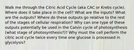 Walk me through the Citric Acid Cycle (aka CAC or Krebs cycle). Where does it take place in the cell? What are the inputs? What are the outputs? Where do these outputs go relative to the rest of the stages of cellular respiration? Why can one type of these outputs potentially be used in the Calvin cycle of photosynthesis (what stage of photosynthesis?)? Why must the cell perform the citric acid cycle twice every time one glucose is processed in glycolysis?