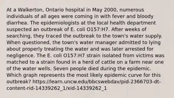 At a Walkerton, Ontario hospital in May 2000, numerous individuals of all ages were coming in with fever and bloody diarrhea. The epidemiologists at the local health department suspected an outbreak of E. coli O157:H7. After weeks of searching, they traced the outbreak to the town's water supply. When questioned, the town's water manager admitted to lying about properly treating the water and was later arrested for negligence. The E. coli O157:H7 strain isolated from victims was matched to a strain found in a herd of cattle on a farm near one of the water wells. Seven people died during the epidemic. Which graph represents the most likely epidemic curve for this outbreak? https://learn.uncw.edu/bbcswebdav/pid-2366703-dt-content-rid-14339262_1/xid-14339262_1