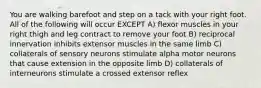 You are walking barefoot and step on a tack with your right foot. All of the following will occur EXCEPT A) flexor muscles in your right thigh and leg contract to remove your foot B) reciprocal innervation inhibits extensor muscles in the same limb C) collaterals of sensory neurons stimulate alpha motor neurons that cause extension in the opposite limb D) collaterals of interneurons stimulate a crossed extensor reflex