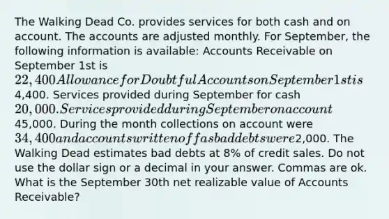 The Walking Dead Co. provides services for both cash and on account. The accounts are adjusted monthly. For September, the following information is available: Accounts Receivable on September 1st is 22,400 Allowance for Doubtful Accounts on September 1st is4,400. Services provided during September for cash 20,000. Services provided during September on account45,000. During the month collections on account were 34,400 and accounts written off as bad debts were2,000. The Walking Dead estimates bad debts at 8% of credit sales. Do not use the dollar sign or a decimal in your answer. Commas are ok. What is the September 30th net realizable value of Accounts Receivable?