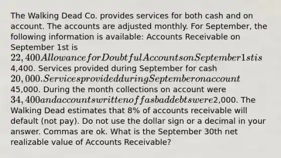 The Walking Dead Co. provides services for both cash and on account. The accounts are adjusted monthly. For September, the following information is available: Accounts Receivable on September 1st is 22,400 Allowance for Doubtful Accounts on September 1st is4,400. Services provided during September for cash 20,000. Services provided during September on account45,000. During the month collections on account were 34,400 and accounts written off as bad debts were2,000. The Walking Dead estimates that 8% of accounts receivable will default (not pay). Do not use the dollar sign or a decimal in your answer. Commas are ok. What is the September 30th net realizable value of Accounts Receivable?