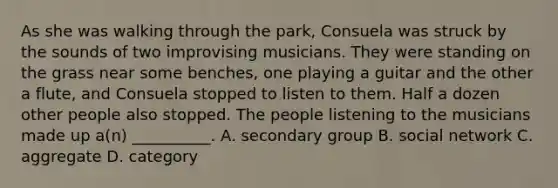 As she was walking through the park, Consuela was struck by the sounds of two improvising musicians. They were standing on the grass near some benches, one playing a guitar and the other a flute, and Consuela stopped to listen to them. Half a dozen other people also stopped. The people listening to the musicians made up a(n) __________. A. secondary group B. social network C. aggregate D. category