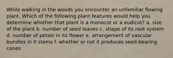 While walking in the woods you encounter an unfamiliar flowing plant. Which of the following plant features would help you determine whether that plant is a monocot or a eudicot? a. size of the plant b. number of seed leaves c. shape of its root system d. number of petals in its flower e. arrangement of vascular bundles in it stems f. whether or not it produces seed-bearing cones