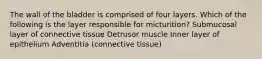 The wall of the bladder is comprised of four layers. Which of the following is the layer responsible for micturition? Submucosal layer of connective tissue Detrusor muscle Inner layer of epithelium Adventitia (connective tissue)