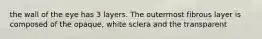 the wall of the eye has 3 layers. The outermost fibrous layer is composed of the opaque, white sclera and the transparent