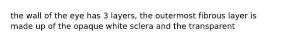 the wall of the eye has 3 layers, the outermost fibrous layer is made up of the opaque white sclera and the transparent