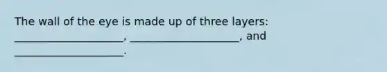 The wall of the eye is made up of three layers: ____________________, ____________________, and ____________________.