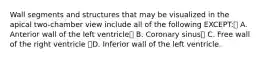 Wall segments and structures that may be visualized in the apical two-chamber view include all of the following EXCEPT: A. Anterior wall of the left ventricle B. Coronary sinus C. Free wall of the right ventricle D. Inferior wall of the left ventricle.