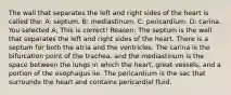 The wall that separates the left and right sides of the heart is called the: A: septum. B: mediastinum. C: pericardium. D: carina. You selected A; This is correct! Reason: The septum is the wall that separates the left and right sides of the heart. There is a septum for both the atria and the ventricles. The carina is the bifurcation point of the trachea, and the mediastinum is the space between the lungs in which the heart, great vessels, and a portion of the esophagus lie. The pericardium is the sac that surrounds the heart and contains pericardial fluid.