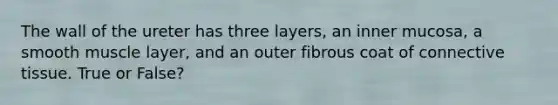 The wall of the ureter has three layers, an inner mucosa, a smooth muscle layer, and an outer fibrous coat of connective tissue. True or False?