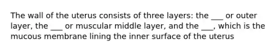 The wall of the uterus consists of three layers: the ___ or outer layer, the ___ or muscular middle layer, and the ___, which is the mucous membrane lining the inner surface of the uterus