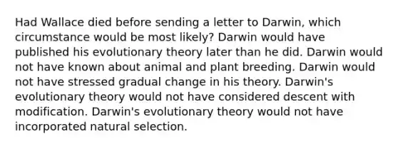 Had Wallace died before sending a letter to Darwin, which circumstance would be most likely? Darwin would have published his evolutionary theory later than he did. Darwin would not have known about animal and plant breeding. Darwin would not have stressed gradual change in his theory. Darwin's evolutionary theory would not have considered descent with modification. Darwin's evolutionary theory would not have incorporated natural selection.