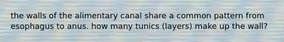 the walls of the alimentary canal share a common pattern from esophagus to anus. how many tunics (layers) make up the wall?