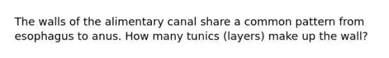 The walls of the alimentary canal share a common pattern from esophagus to anus. How many tunics (layers) make up the wall?