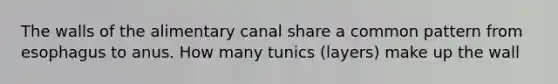 The walls of the alimentary canal share a common pattern from esophagus to anus. How many tunics (layers) make up the wall