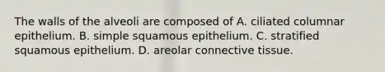 The walls of the alveoli are composed of A. ciliated columnar epithelium. B. simple squamous epithelium. C. stratified squamous epithelium. D. areolar connective tissue.