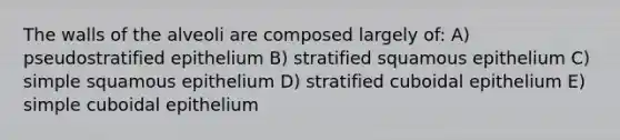 The walls of the alveoli are composed largely of: A) pseudostratified epithelium B) stratified squamous epithelium C) simple squamous epithelium D) stratified cuboidal epithelium E) simple cuboidal epithelium