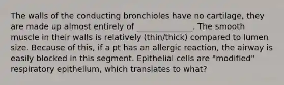 The walls of the conducting bronchioles have no cartilage, they are made up almost entirely of ______________. The smooth muscle in their walls is relatively (thin/thick) compared to lumen size. Because of this, if a pt has an allergic reaction, the airway is easily blocked in this segment. Epithelial cells are "modified" respiratory epithelium, which translates to what?