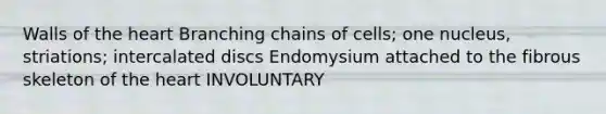 Walls of the heart Branching chains of cells; one nucleus, striations; intercalated discs Endomysium attached to the fibrous skeleton of the heart INVOLUNTARY