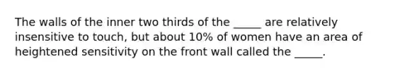 The walls of the inner two thirds of the _____ are relatively insensitive to touch, but about 10% of women have an area of heightened sensitivity on the front wall called the _____.