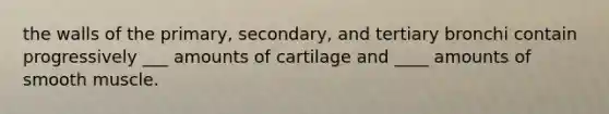 the walls of the primary, secondary, and tertiary bronchi contain progressively ___ amounts of cartilage and ____ amounts of smooth muscle.