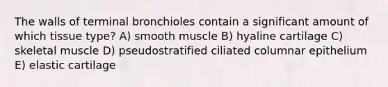 The walls of terminal bronchioles contain a significant amount of which tissue type? A) smooth muscle B) hyaline cartilage C) skeletal muscle D) pseudostratified ciliated columnar epithelium E) elastic cartilage