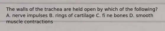 The walls of the trachea are held open by which of the following? A. nerve impulses B. rings of cartilage C. fi ne bones D. smooth <a href='https://www.questionai.com/knowledge/k0LBwLeEer-muscle-contraction' class='anchor-knowledge'>muscle contraction</a>s