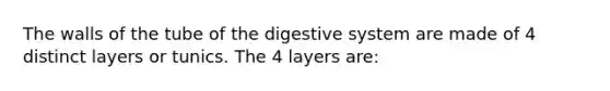 The walls of the tube of the digestive system are made of 4 distinct layers or tunics. The 4 layers are: