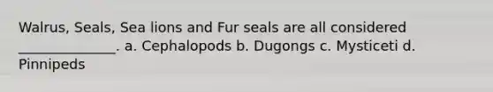 Walrus, Seals, Sea lions and Fur seals are all considered ______________. a. Cephalopods b. Dugongs c. Mysticeti d. Pinnipeds