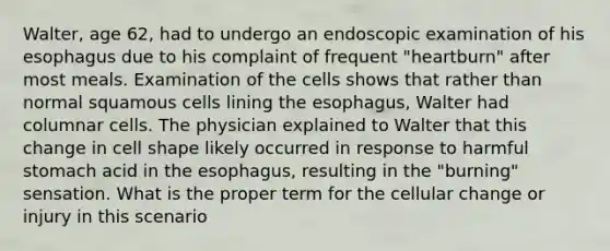 Walter, age 62, had to undergo an endoscopic examination of his esophagus due to his complaint of frequent "heartburn" after most meals. Examination of the cells shows that rather than normal squamous cells lining the esophagus, Walter had columnar cells. The physician explained to Walter that this change in cell shape likely occurred in response to harmful stomach acid in the esophagus, resulting in the "burning" sensation. What is the proper term for the cellular change or injury in this scenario