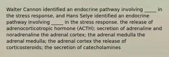 Walter Cannon identified an endocrine pathway involving _____ in the stress response, and Hans Selye identified an endocrine pathway involving _____ in the stress response. the release of adrenocorticotropic hormone (ACTH); secretion of adrenaline and noradrenaline the adrenal cortex; the adrenal medulla the adrenal medulla; the adrenal cortex the release of corticosteroids; the secretion of catecholamines