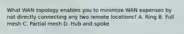 What WAN topology enables you to minimize WAN expenses by not directly connecting any two remote locations? A. Ring B. Full mesh C. Partial mesh D. Hub and spoke