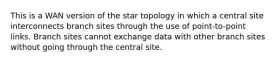 This is a WAN version of the star topology in which a central site interconnects branch sites through the use of point-to-point links. Branch sites cannot exchange data with other branch sites without going through the central site.