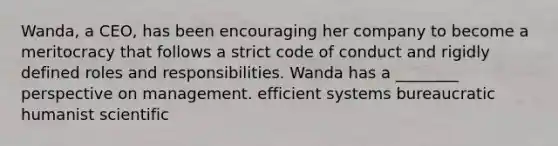 Wanda, a CEO, has been encouraging her company to become a meritocracy that follows a strict code of conduct and rigidly defined roles and responsibilities. Wanda has a ________ perspective on management. efficient systems bureaucratic humanist scientific