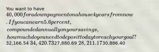 You want to have 40,000 for a down payment on a house 4 years from now. If you can earn 5.6 percent, compounded annually on your savings, how much do you need to deposit today to reach your goal?32,166.54 34,420.7327,880.69 28,211.1730,886.40