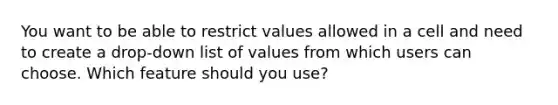 You want to be able to restrict values allowed in a cell and need to create a drop-down list of values from which users can choose. Which feature should you use?