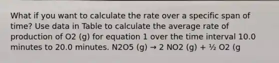 What if you want to calculate the rate over a specific span of time? Use data in Table to calculate the average rate of production of O2 (g) for equation 1 over the time interval 10.0 minutes to 20.0 minutes. N2O5 (g) → 2 NO2 (g) + ½ O2 (g