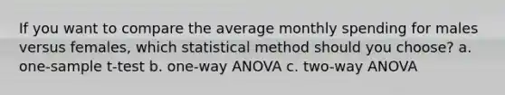 If you want to compare the average monthly spending for males versus females, which statistical method should you choose? a. <a href='https://www.questionai.com/knowledge/kEl9MFIQr9-one-sample-t-test' class='anchor-knowledge'>one-sample t-test</a> b. one-way ANOVA c. two-way ANOVA