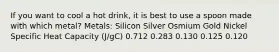 If you want to cool a hot drink, it is best to use a spoon made with which metal? Metals: Silicon Silver Osmium Gold Nickel Specific Heat Capacity (J/gC) 0.712 0.283 0.130 0.125 0.120