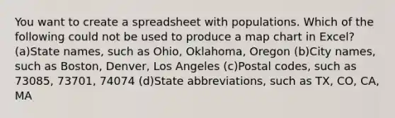 You want to create a spreadsheet with populations. Which of the following could not be used to produce a map chart in Excel? (a)State names, such as Ohio, Oklahoma, Oregon (b)City names, such as Boston, Denver, Los Angeles (c)Postal codes, such as 73085, 73701, 74074 (d)State abbreviations, such as TX, CO, CA, MA