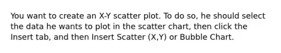 You want to create an X-Y scatter plot. To do so, he should select the data he wants to plot in the scatter chart, then click the Insert tab, and then Insert Scatter (X,Y) or Bubble Chart.