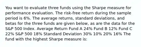 You want to evaluate three funds using the Sharpe measure for performance evaluation. The risk-free return during the sample period is 6%. The average returns, standard deviations, and betas for the three funds are given below, as are the data for the S&P 500 Index. Average Return Fund A 24% Fund B 12% Fund C 22% S&P 500 18% Standard Deviation 30% 10% 20% 16% The fund with the highest Sharpe measure is: