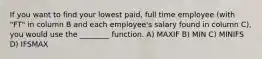 If you want to find your lowest paid, full time employee (with "FT" in column B and each employee's salary found in column C), you would use the ________ function. A) MAXIF B) MIN C) MINIFS D) IFSMAX