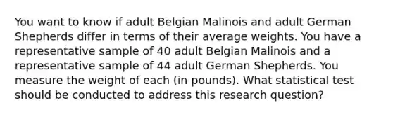 You want to know if adult Belgian Malinois and adult German Shepherds differ in terms of their average weights. You have a representative sample of 40 adult Belgian Malinois and a representative sample of 44 adult German Shepherds. You measure the weight of each (in pounds). What statistical test should be conducted to address this research question?