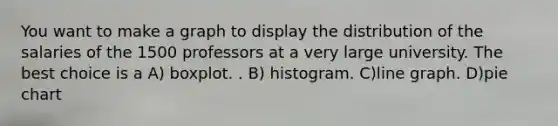 You want to make a graph to display the distribution of the salaries of the 1500 professors at a very large university. The best choice is a A) boxplot. . B) histogram. C)line graph. D)pie chart