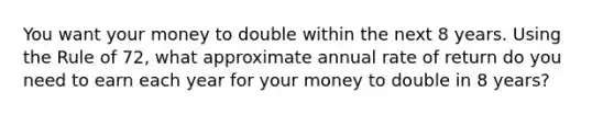 You want your money to double within the next 8 years. Using the Rule of​ 72, what approximate annual rate of return do you need to earn each year for your money to double in 8 ​years?