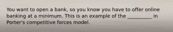 You want to open a bank, so you know you have to offer online banking at a minimum. This is an example of the __________ in Porter's competitive forces model.