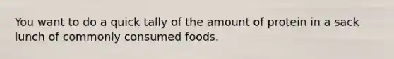 You want to do a quick tally of the amount of protein in a sack lunch of commonly consumed foods.